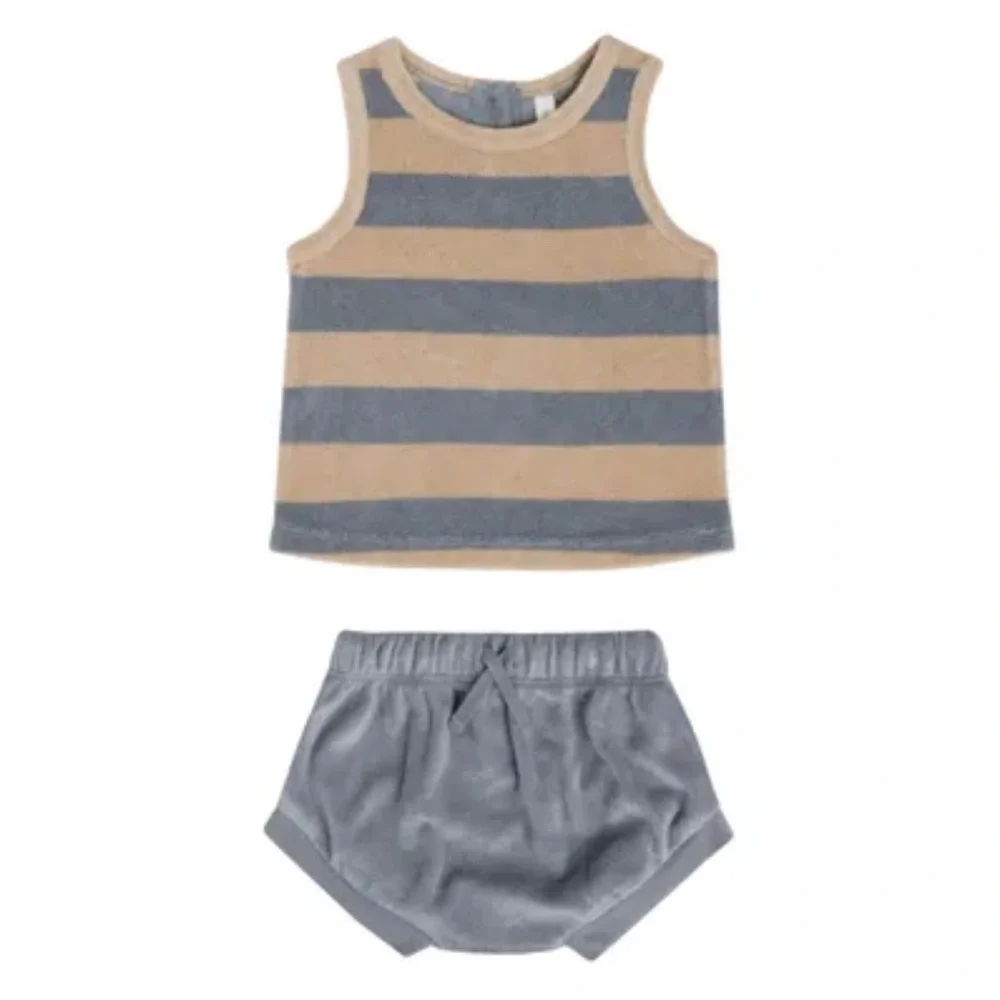 Quincey Mae Organic Cotton Terry Cloth Striped Tank Top + Bloomer | Grey blue - Picture 2 of 8